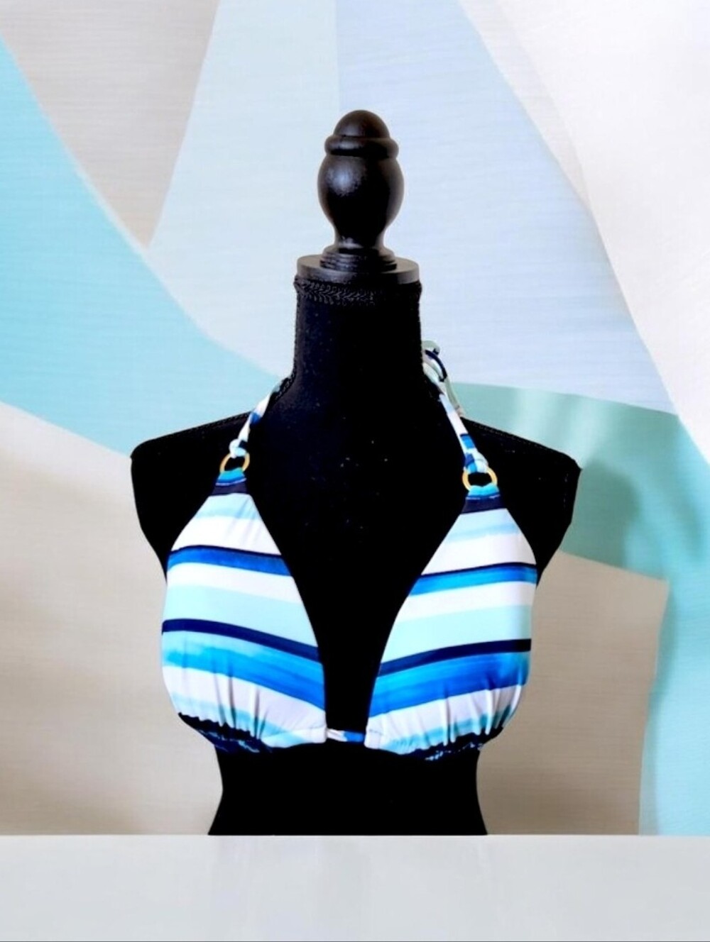 La Blanca White Blue Striped O Ring y2K Triangle Bikini Swim Top US 6